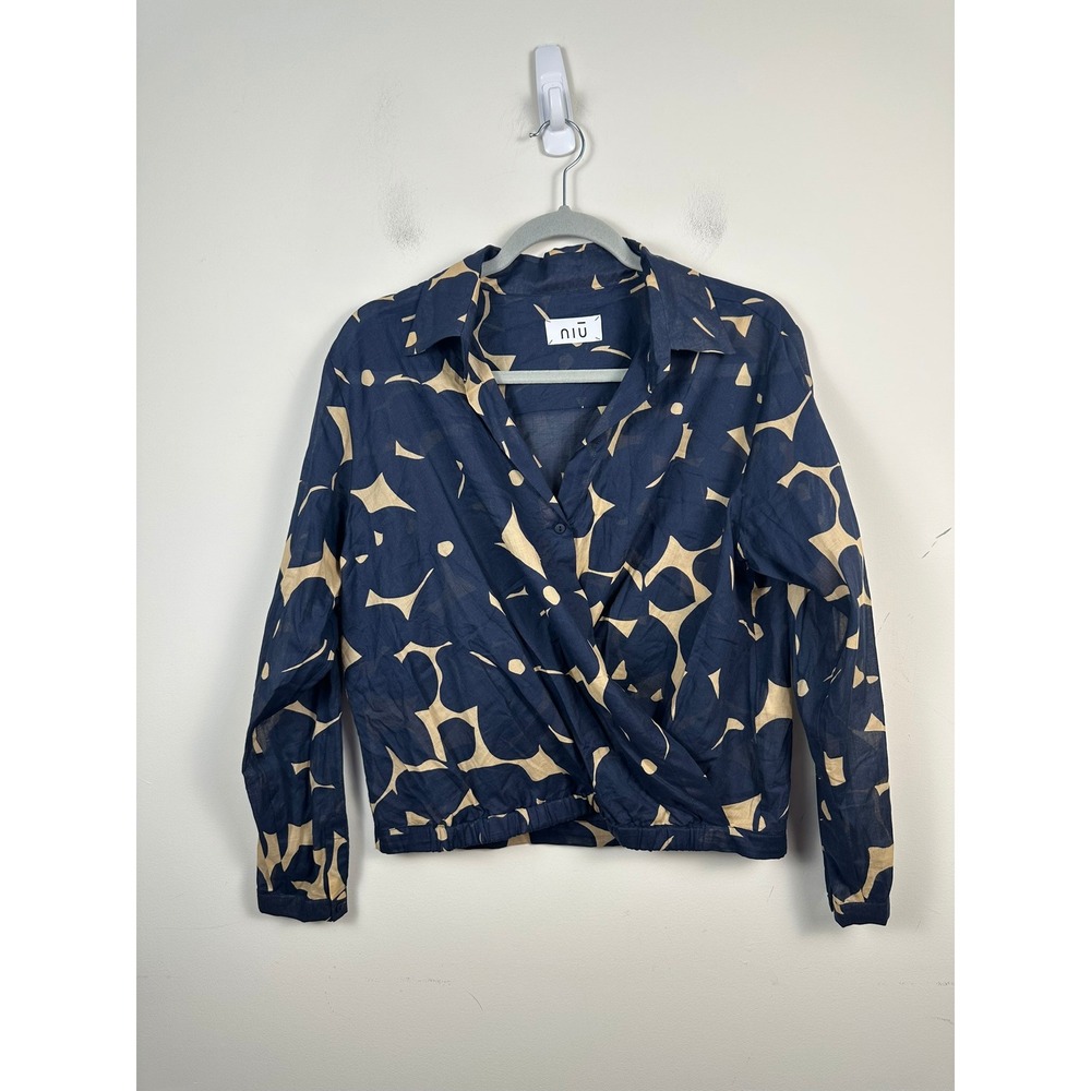 Niu Blouse Women Size M Navy Blue Excellent Abstract Wrap Cotton Top 3137